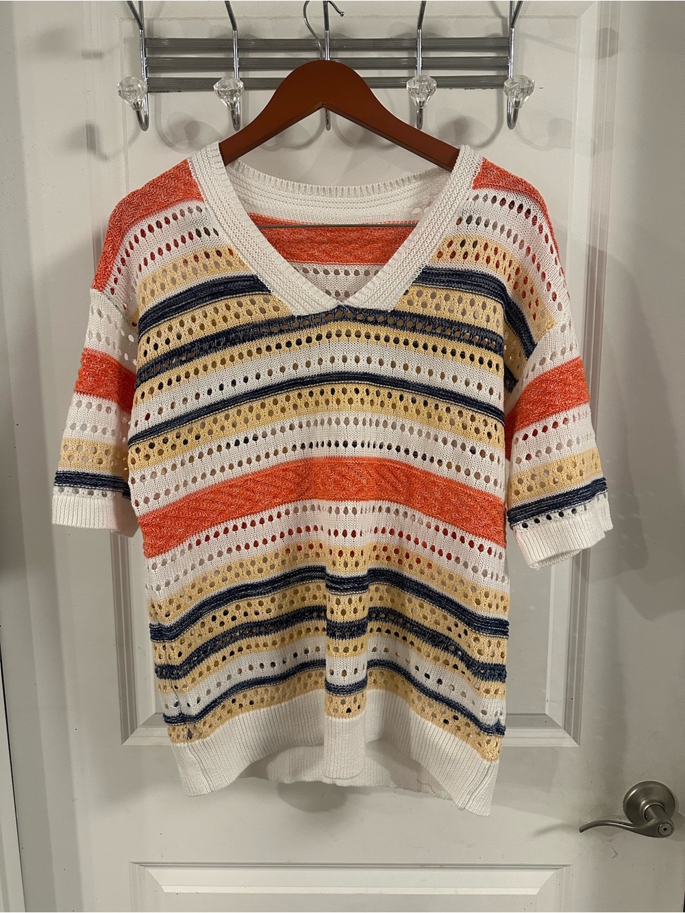 Source Unknown White Eyelet Knit Sweater with Orange, Navy, and Yellow Stripes
